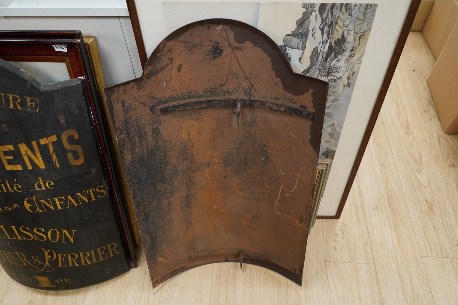 Two curved metal French identical shop signs, 90cm high x 55cm wide